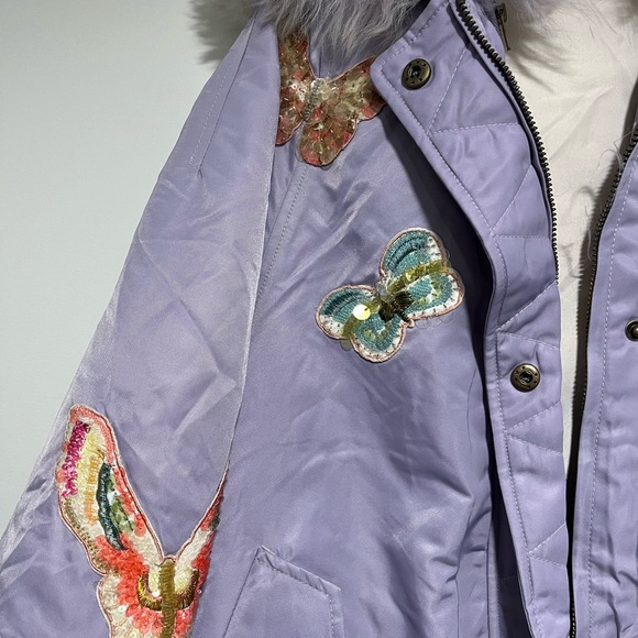 Women's Purple Butterfly Embellished Rabbit Fur Parka with Fox Fur trim - Picture 2 of 10
